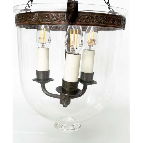 295 - HALL LANTERNS, two similar, each with three lights and cover, 40cm H excluding chain. (2)