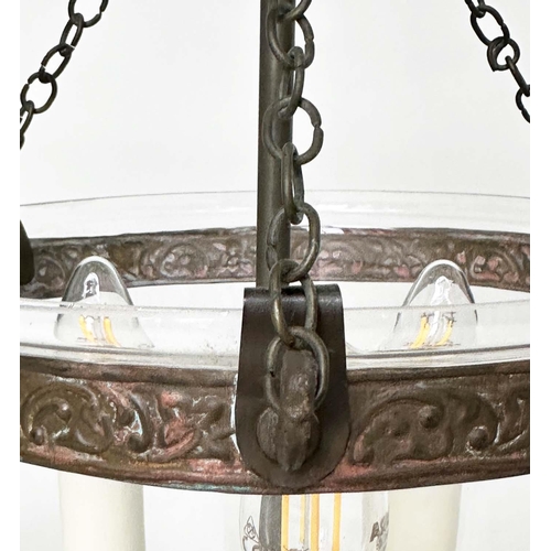 295 - HALL LANTERNS, two similar, each with three lights and cover, 40cm H excluding chain. (2)