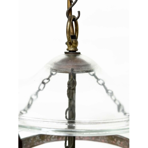 295 - HALL LANTERNS, two similar, each with three lights and cover, 40cm H excluding chain. (2)