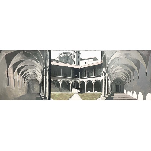 95 - DEREK CARRUTHERS (1935-2021), 'Cloisters Tryptych', oil on canvas, 122cm x 122cm, signed and titled ... 