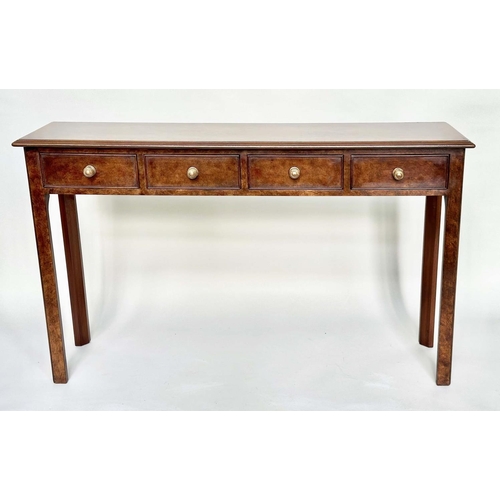 184 - HALL TABLE, George III design burr walnut crossbanded with four frieze drawers and chamfered square ... 