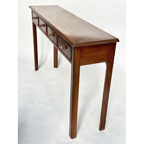 184 - HALL TABLE, George III design burr walnut crossbanded with four frieze drawers and chamfered square ... 