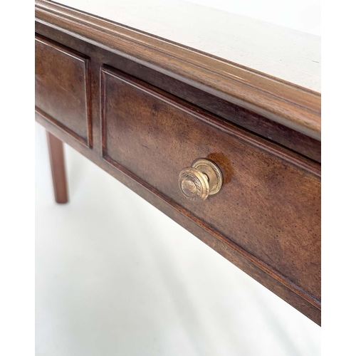 184 - HALL TABLE, George III design burr walnut crossbanded with four frieze drawers and chamfered square ... 