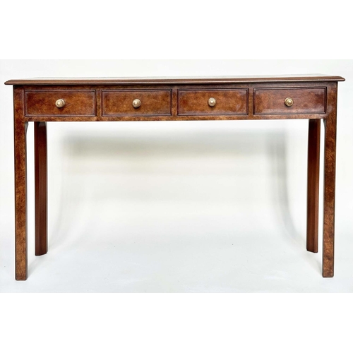 184 - HALL TABLE, George III design burr walnut crossbanded with four frieze drawers and chamfered square ... 