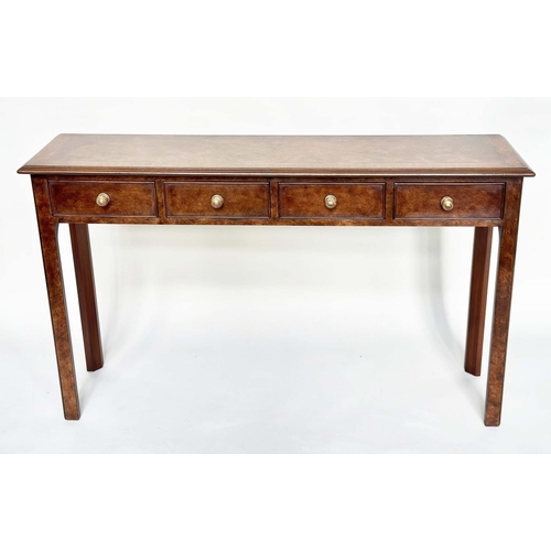 184 - HALL TABLE, George III design burr walnut crossbanded with four frieze drawers and chamfered square ... 