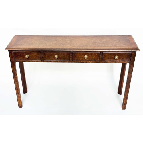184 - HALL TABLE, George III design burr walnut crossbanded with four frieze drawers and chamfered square ... 