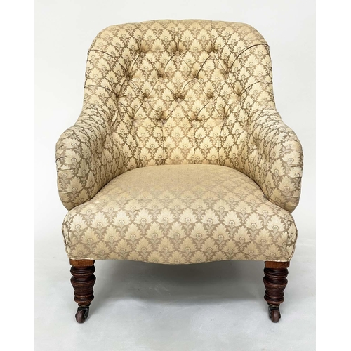 187 - SLIPPER ARMCHAIR, 19th century walnut with two tone maple leaf print upholstery, 85cm H.