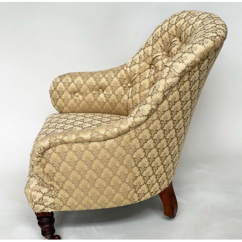187 - SLIPPER ARMCHAIR, 19th century walnut with two tone maple leaf print upholstery, 85cm H.