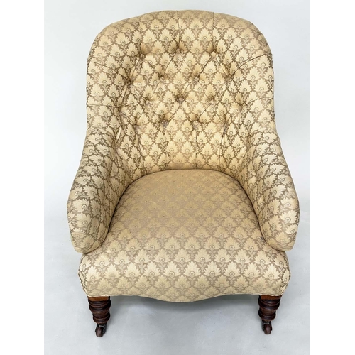 187 - SLIPPER ARMCHAIR, 19th century walnut with two tone maple leaf print upholstery, 85cm H.