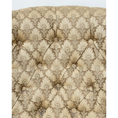 187 - SLIPPER ARMCHAIR, 19th century walnut with two tone maple leaf print upholstery, 85cm H.