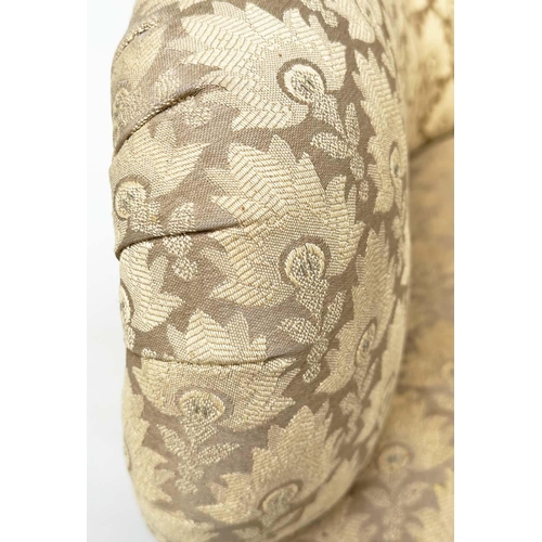 187 - SLIPPER ARMCHAIR, 19th century walnut with two tone maple leaf print upholstery, 85cm H.