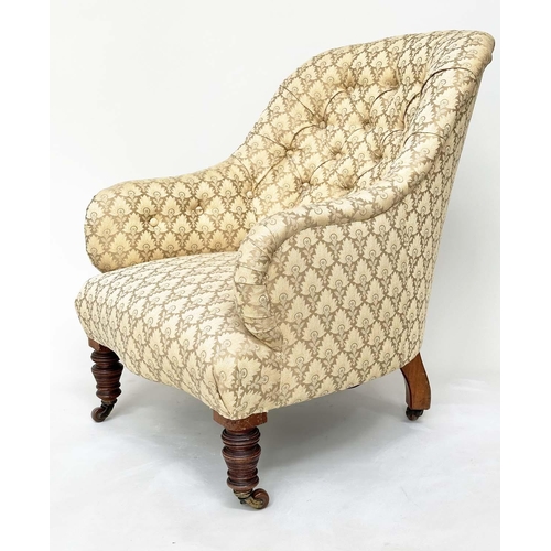 187 - SLIPPER ARMCHAIR, 19th century walnut with two tone maple leaf print upholstery, 85cm H.