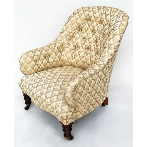 187 - SLIPPER ARMCHAIR, 19th century walnut with two tone maple leaf print upholstery, 85cm H.
