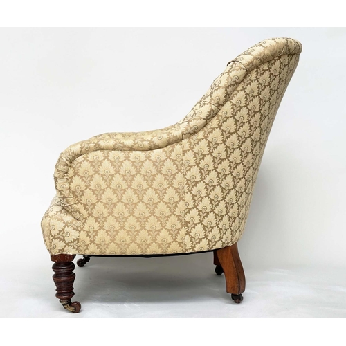 187 - SLIPPER ARMCHAIR, 19th century walnut with two tone maple leaf print upholstery, 85cm H.