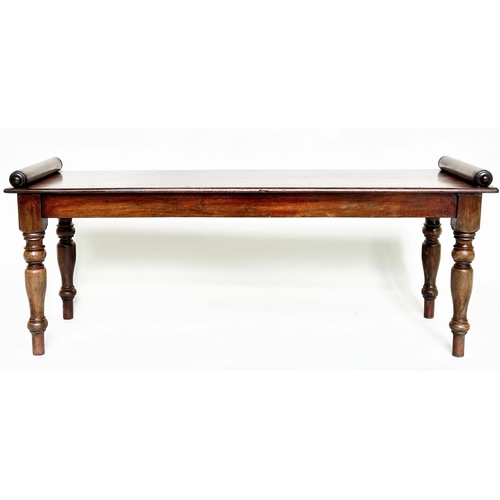 190 - HALL BENCH, early 19th century mahogany rectangular with finely turned bolsters and tapering support... 