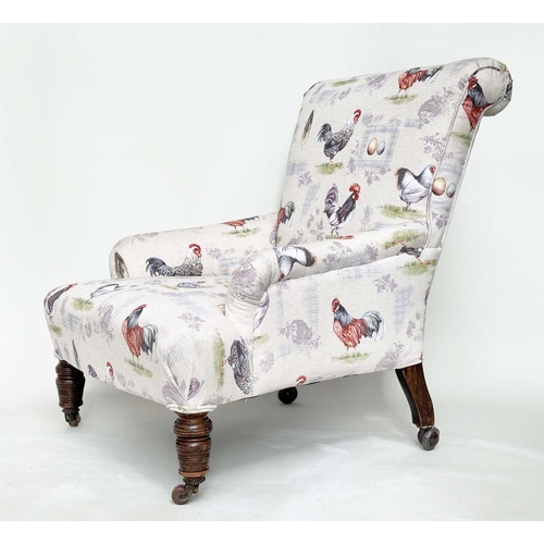 196 - ARMCHAIR, early 20th century mahogany with cockerel and hen print upholstery and turned front suppor... 