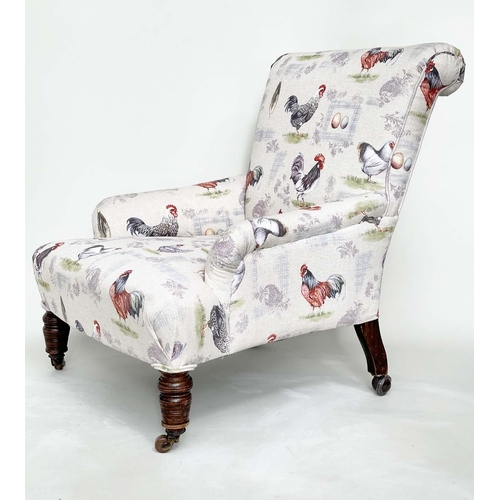 196 - ARMCHAIR, early 20th century mahogany with cockerel and hen print upholstery and turned front suppor... 