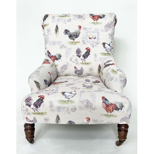 196 - ARMCHAIR, early 20th century mahogany with cockerel and hen print upholstery and turned front suppor... 