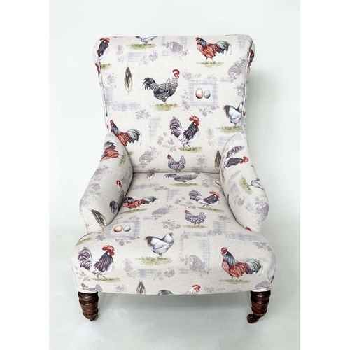 196 - ARMCHAIR, early 20th century mahogany with cockerel and hen print upholstery and turned front suppor... 