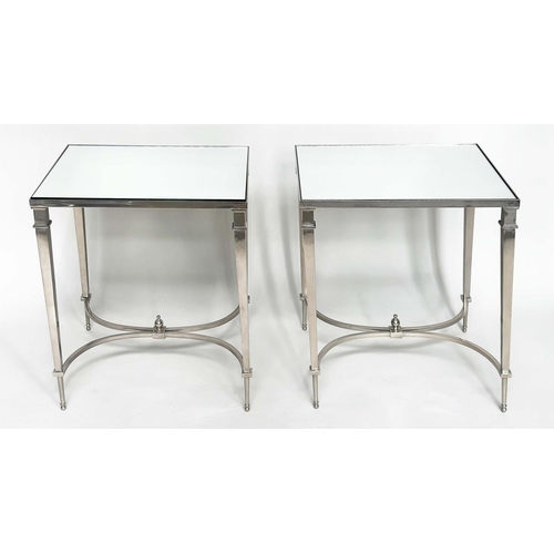 197 - LAMP TABLES, a pair, Regency style rectangular mirror topped with tapering chromium stretchered supp... 