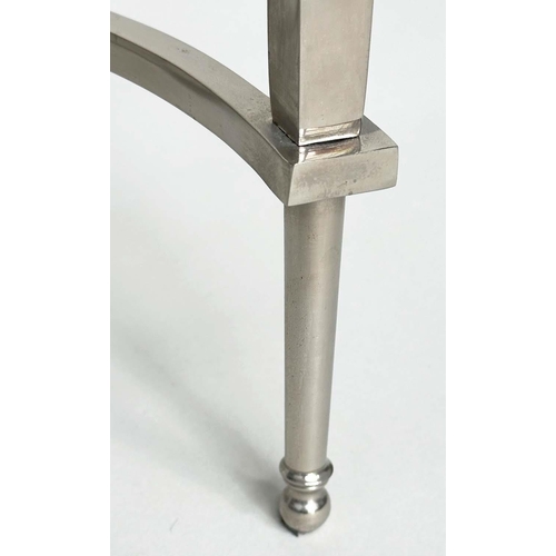 197 - LAMP TABLES, a pair, Regency style rectangular mirror topped with tapering chromium stretchered supp... 