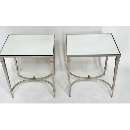 197 - LAMP TABLES, a pair, Regency style rectangular mirror topped with tapering chromium stretchered supp... 