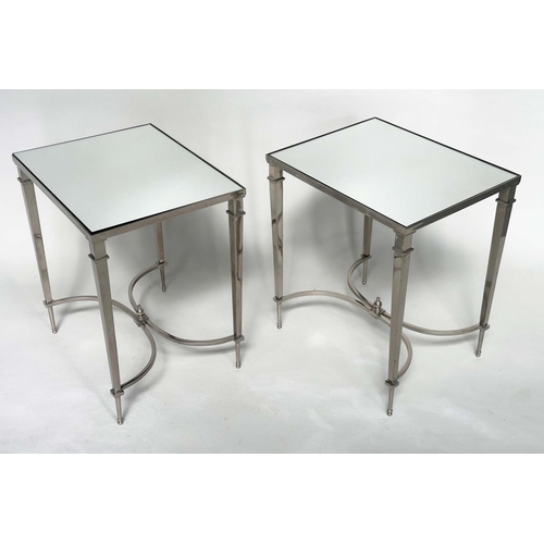 197 - LAMP TABLES, a pair, Regency style rectangular mirror topped with tapering chromium stretchered supp... 
