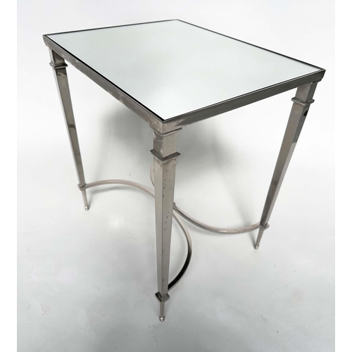 197 - LAMP TABLES, a pair, Regency style rectangular mirror topped with tapering chromium stretchered supp... 