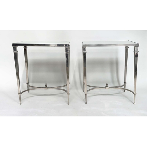 197 - LAMP TABLES, a pair, Regency style rectangular mirror topped with tapering chromium stretchered supp... 