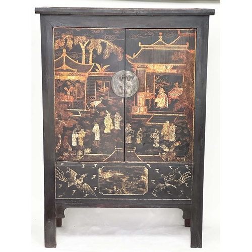 198 - MARRIAGE CABINET, 19th century Chinese gilt and polychrome Chinoiserie decorated with two doors encl... 