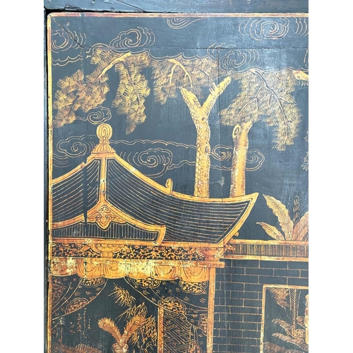 198 - MARRIAGE CABINET, 19th century Chinese gilt and polychrome Chinoiserie decorated with two doors encl... 