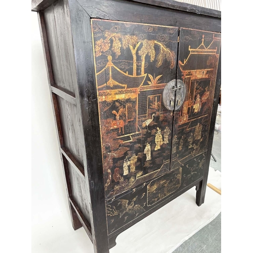 198 - MARRIAGE CABINET, 19th century Chinese gilt and polychrome Chinoiserie decorated with two doors encl... 