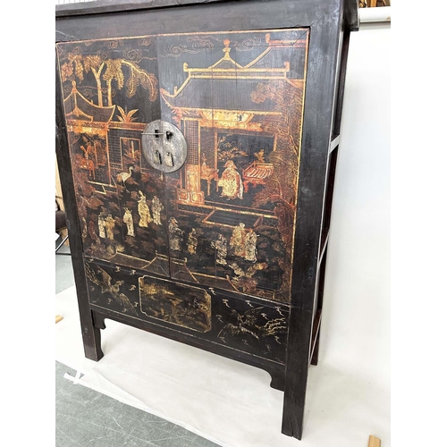 198 - MARRIAGE CABINET, 19th century Chinese gilt and polychrome Chinoiserie decorated with two doors encl... 