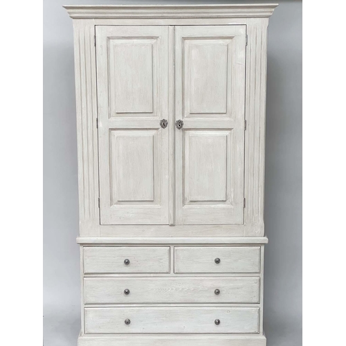 202 - ARMOIRE, French style grey painted with two panelled doors enclosing hanging space above four drawer... 