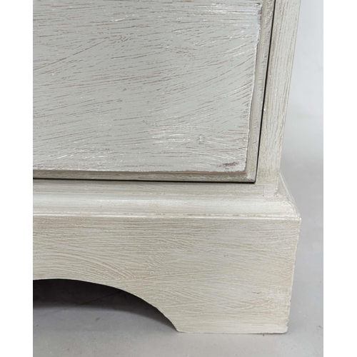 202 - ARMOIRE, French style grey painted with two panelled doors enclosing hanging space above four drawer... 