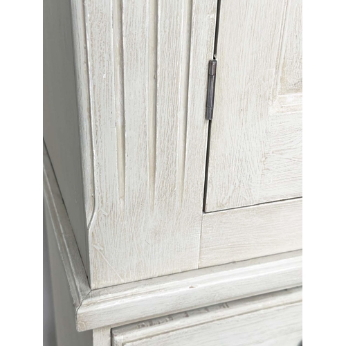 202 - ARMOIRE, French style grey painted with two panelled doors enclosing hanging space above four drawer... 