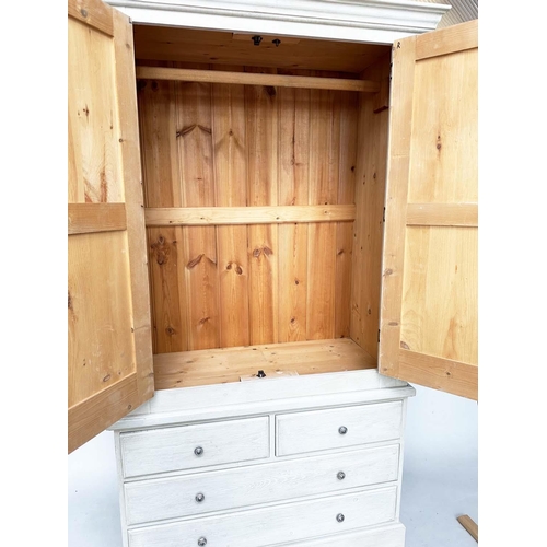 202 - ARMOIRE, French style grey painted with two panelled doors enclosing hanging space above four drawer... 