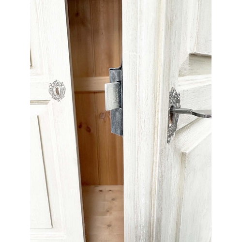 202 - ARMOIRE, French style grey painted with two panelled doors enclosing hanging space above four drawer... 