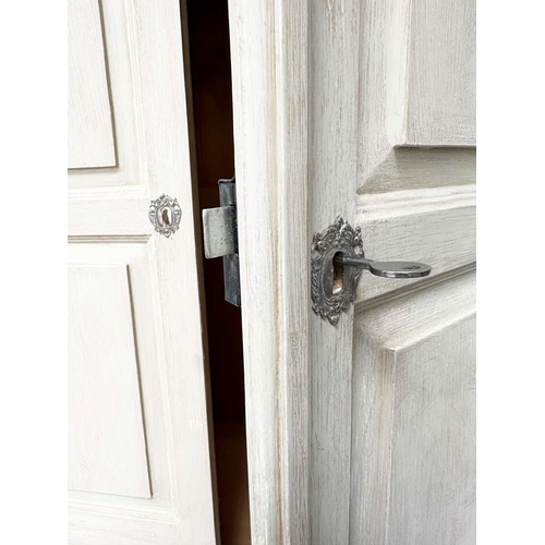 202 - ARMOIRE, French style grey painted with two panelled doors enclosing hanging space above four drawer... 