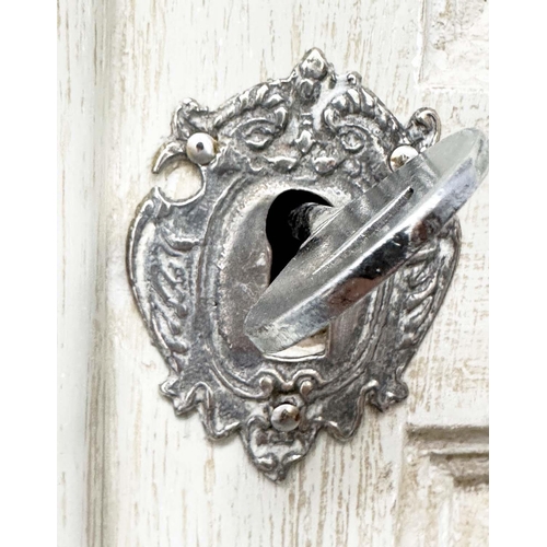 202 - ARMOIRE, French style grey painted with two panelled doors enclosing hanging space above four drawer... 