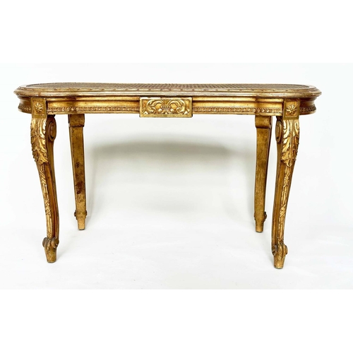 203 - WINDOW SEAT, late 19th century French Louis XVI style giltwood with cane seat and carved tapering su... 