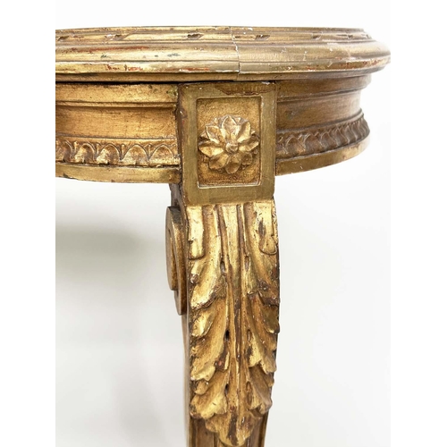 203 - WINDOW SEAT, late 19th century French Louis XVI style giltwood with cane seat and carved tapering su... 