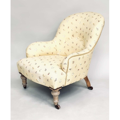 205 - ARMCHAIR, 19th century primrose yellow and floral sprays with buttoned back and turned supports, 57c... 