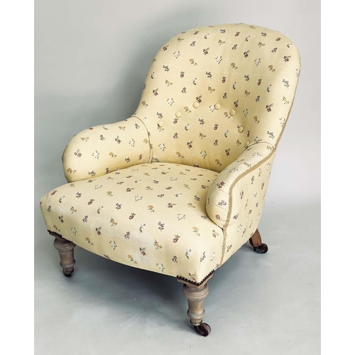 205 - ARMCHAIR, 19th century primrose yellow and floral sprays with buttoned back and turned supports, 57c... 
