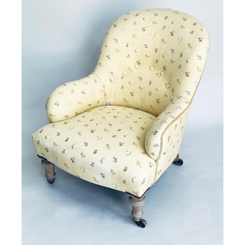 205 - ARMCHAIR, 19th century primrose yellow and floral sprays with buttoned back and turned supports, 57c... 