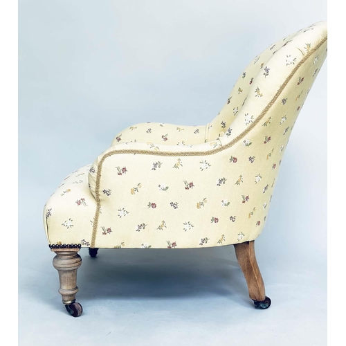 205 - ARMCHAIR, 19th century primrose yellow and floral sprays with buttoned back and turned supports, 57c... 