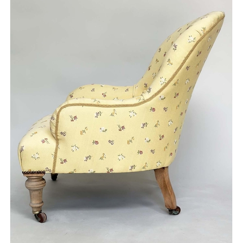 205 - ARMCHAIR, 19th century primrose yellow and floral sprays with buttoned back and turned supports, 57c... 
