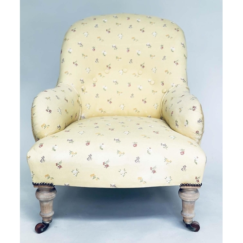 205 - ARMCHAIR, 19th century primrose yellow and floral sprays with buttoned back and turned supports, 57c... 