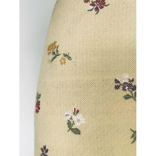 205 - ARMCHAIR, 19th century primrose yellow and floral sprays with buttoned back and turned supports, 57c... 