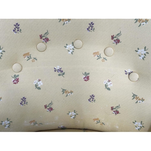 205 - ARMCHAIR, 19th century primrose yellow and floral sprays with buttoned back and turned supports, 57c... 